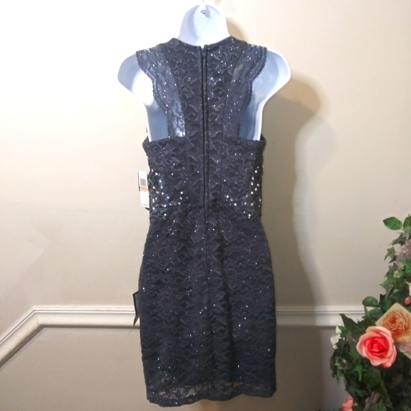 City Studio Pearl & Rhinestone Studded Sparkly Gray Lace Sheath Cocktail Dress - Picture 7 of 14